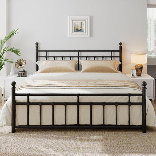 King Metal Bed Frame with Vintage Headboard and Footboard, Farmhouse King Size Bed Frame, under Bed Storage, No Box Spring Needed, Noise-Free, Black