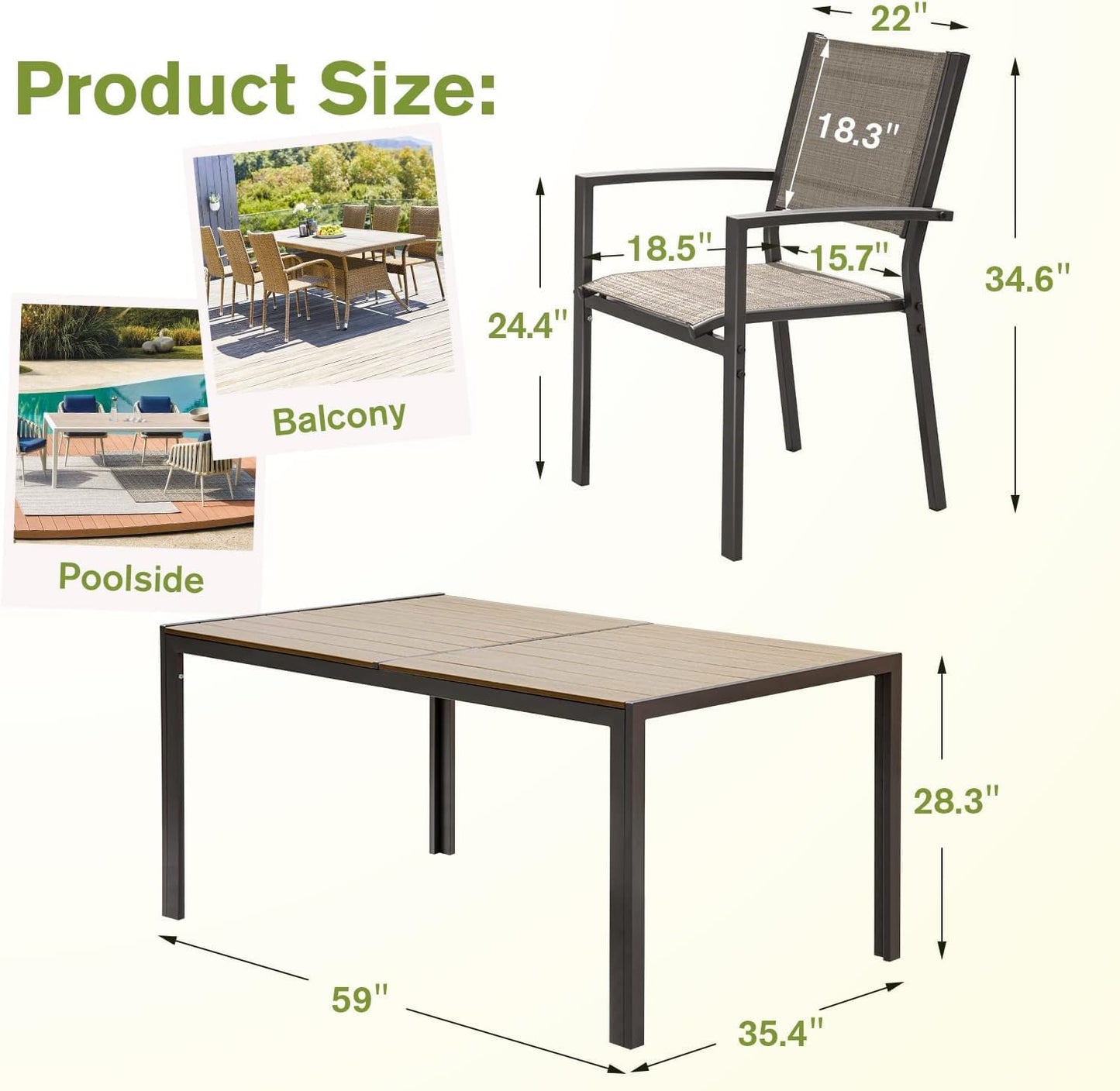 Patio Dining Set 7 Pieces Outdoor Furniture with Large Table and 6 Textilene Chairs for Porch, Poolside, Yard and Garden, Brown