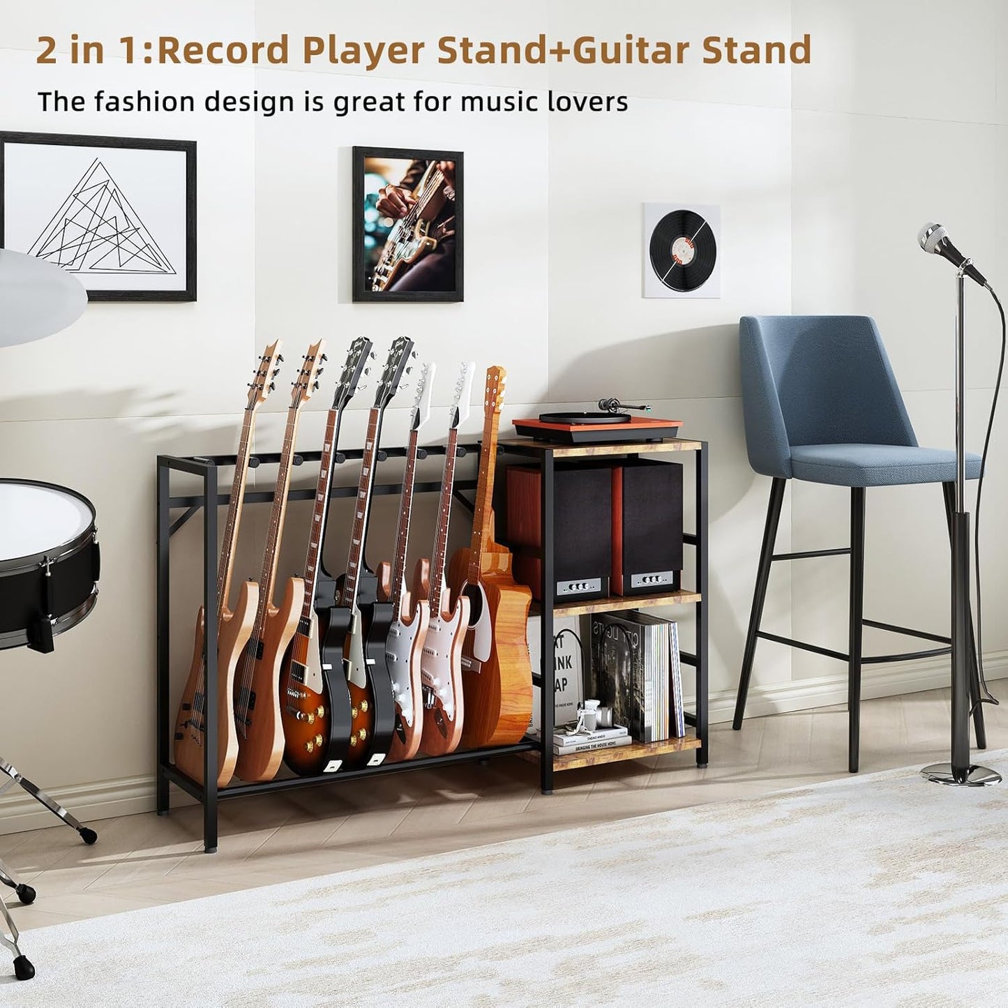 Record Player Stand with Guitar Stand, Record Player Table with Guitar Rack, Guitar Holder 7 Space for Multiple Guitars, Bass, Acoustic, Guitar Display for Home Music Studio, Brown