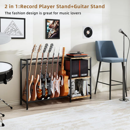 Record Player Stand with Guitar Stand, Record Player Table with Guitar Rack, Guitar Holder 7 Space for Multiple Guitars, Bass, Acoustic, Guitar Display for Home Music Studio, Brown