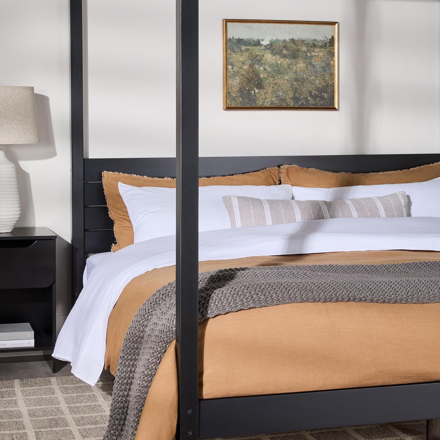 Isla Slatted Headboard Canopy Bedframe, King, Black