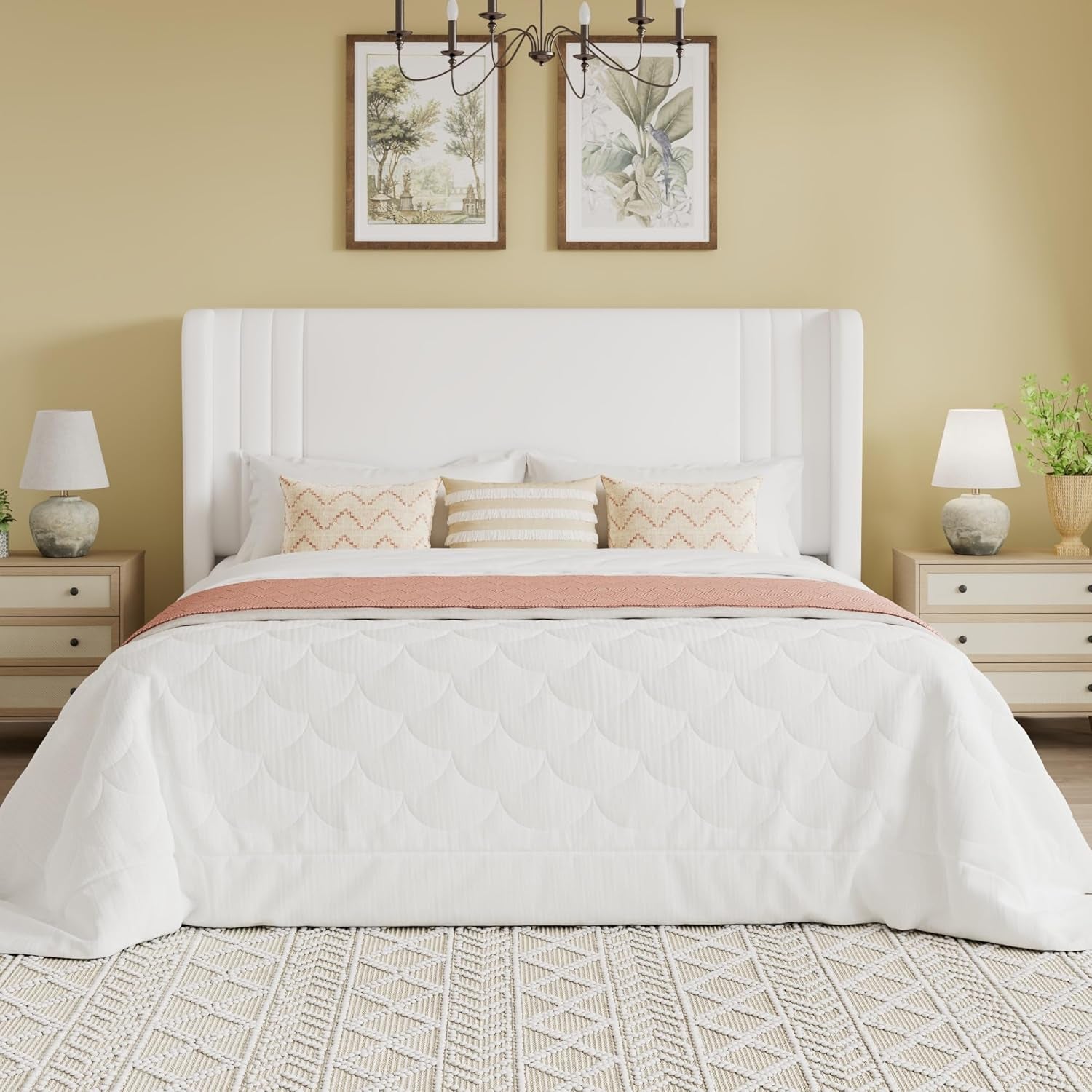 Queen Size Velvet Upholstered Platform Bed Frame with Vertical Channel Tufted Wingback Headboard, Wooden Slats Support, Easy Assembly, under Bed Storage, No Box Spring Required, White