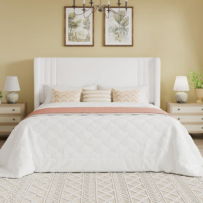 Queen Size Velvet Upholstered Platform Bed Frame with Vertical Channel Tufted Wingback Headboard, Wooden Slats Support, Easy Assembly, under Bed Storage, No Box Spring Required, White