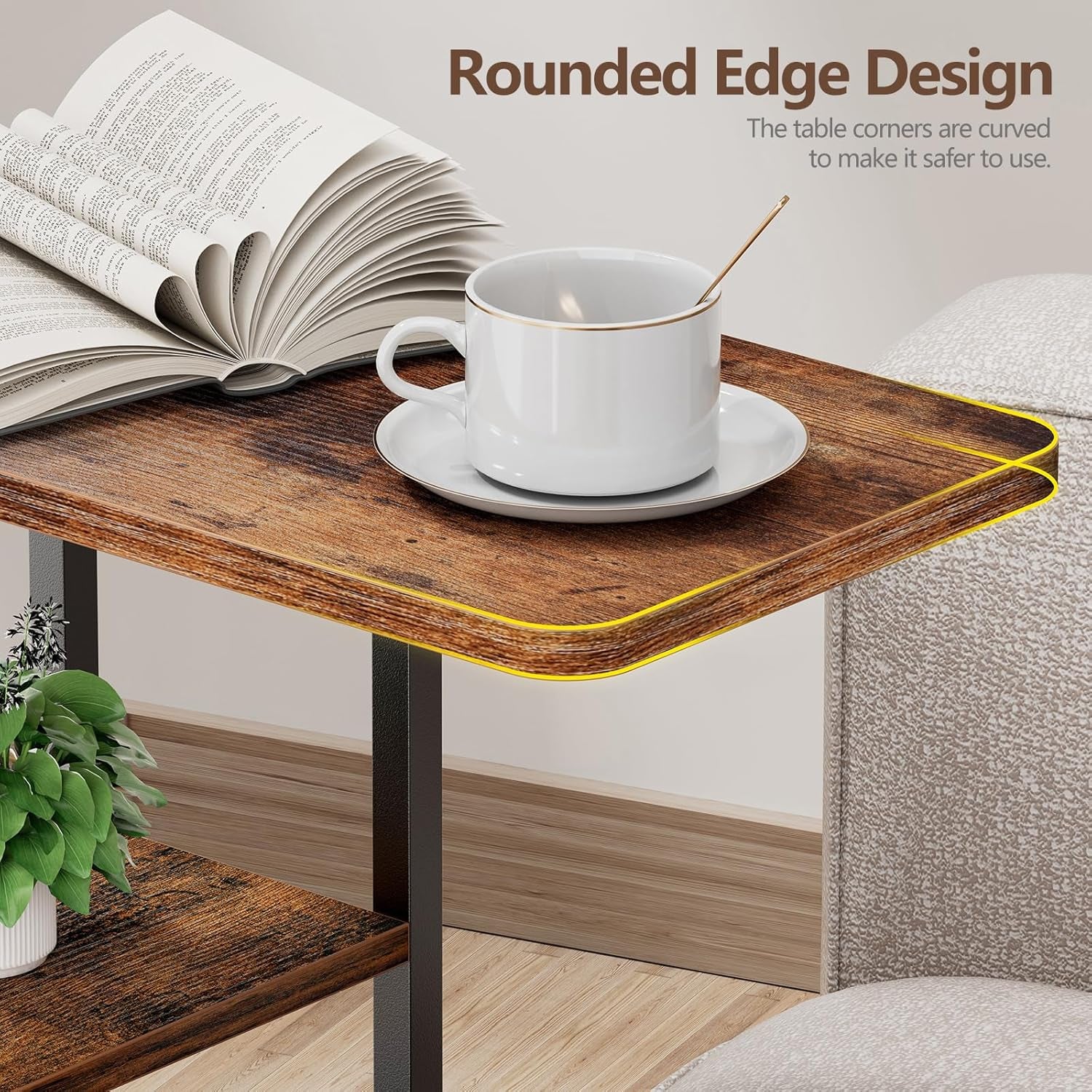 C Shaped End Table with Charging Station, Small Side Table for Couch Recliner, Slide under Sofa Desk Snack Tables with Storage Bag & AC / USB Outlet, Small Spaces Drink Tables for Living Room, Bedroom