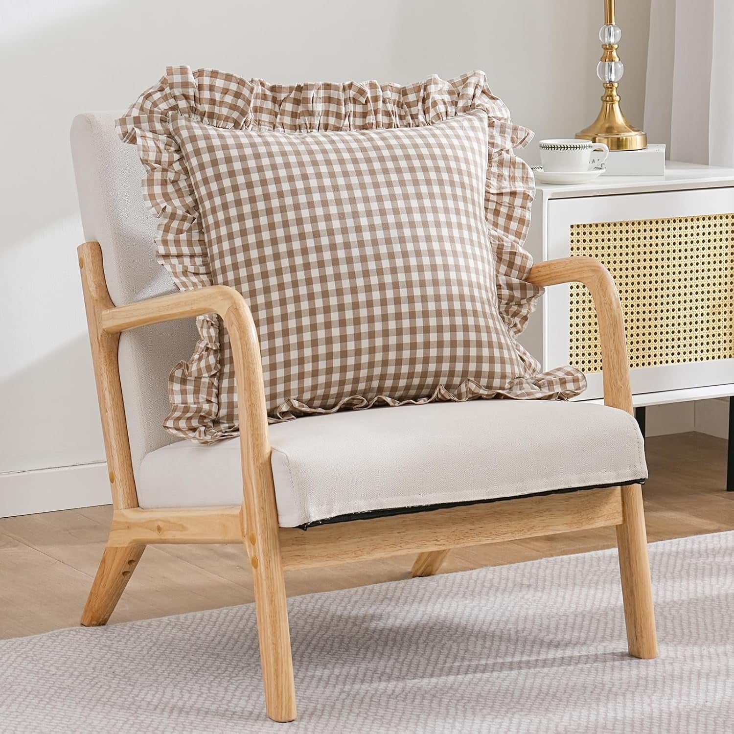 2 Pack Taupe/Brown Plaid Ruffle Throw Pillow Covers Farmhouse Checkered Chic Washed Cotton Pillowcases Gingham Pillow Shams for Bed, Sofa, Living Room-20"X20" Brown