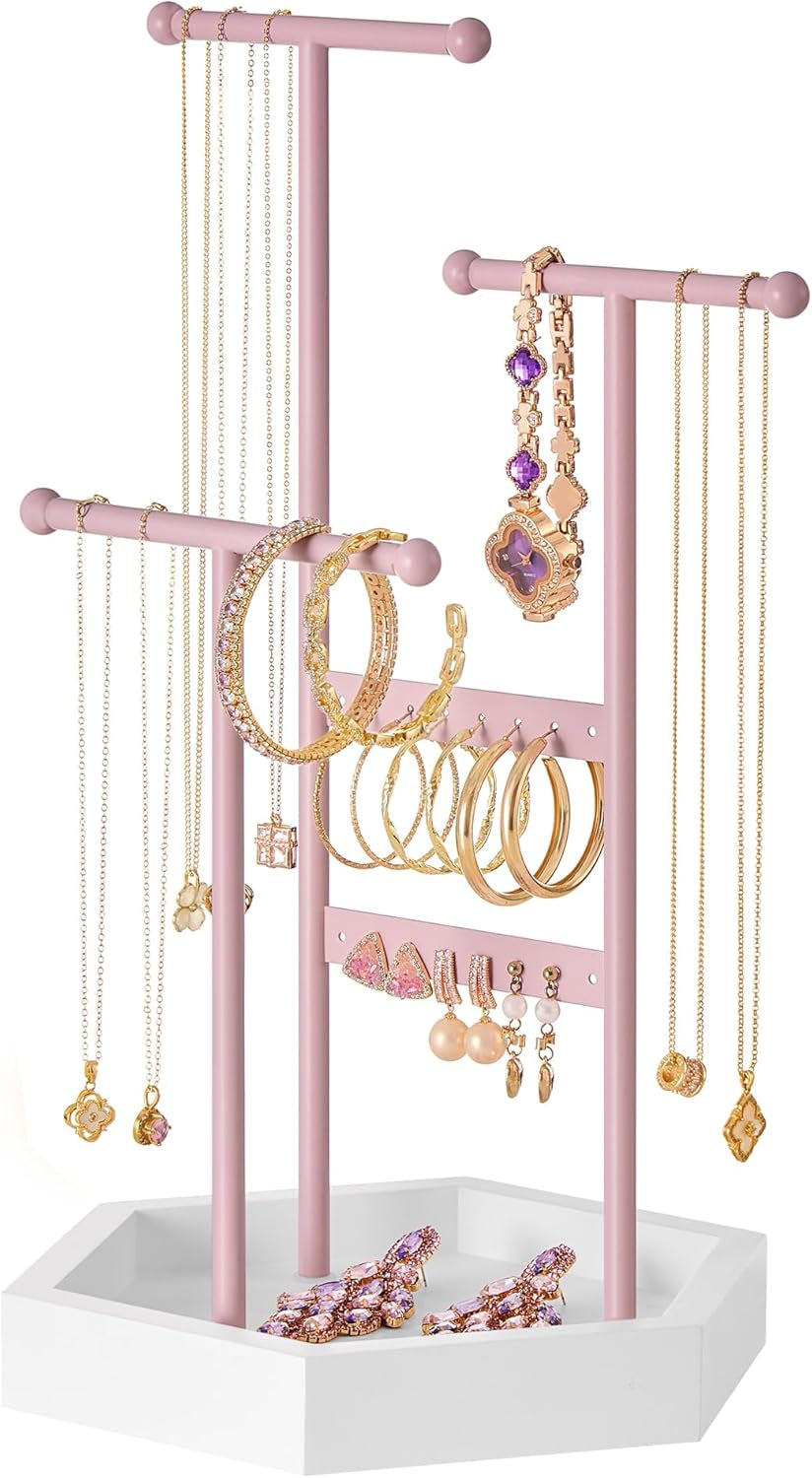 Jewelry Holder, Jewelry Organizer, 3 Tiers and 1 Tray, Jewelry Display Stand with Metal Frame, Necklace Earring Bracelet Holder, for Rings, Pale Gold and White UJJS003A01