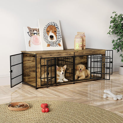 63" Heavy Duty Dog Crate Furniture, Dog Cage Furniture with Divider,Wooden Kennel Indoor TV Stand End Table for Large/Medium Dogs, Rustic Brown