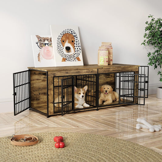 63" Heavy Duty Dog Crate Furniture, Dog Cage Furniture with Divider,Wooden Kennel Indoor TV Stand End Table for Large/Medium Dogs, Rustic Brown