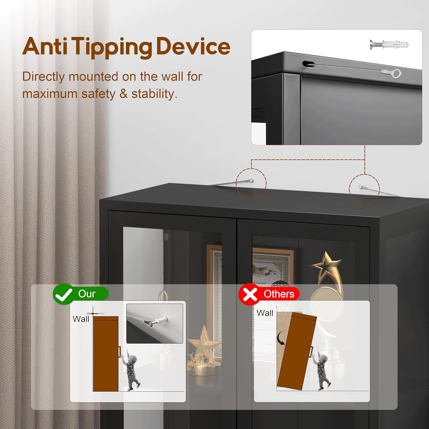 Glass Display Cabinet 4-Tier, Display Cabinet with Glass Doors, Curio Cabinet with Tempered Glasses Doors,Metal Storage Cabinets for Living Room, Plant, Assembly Required, Black