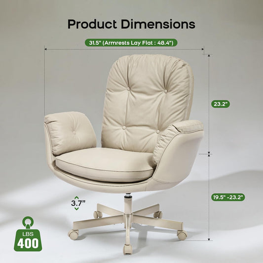Criss Cross Chair with Armrests & Wheels for Cross-Legged Sitting ，Comfortable Adjustable Swivel Office Desk Chair –PU Leather Vanity Chair for Home, Makeup and Bedroom (Cream)