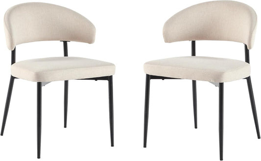 Modern Curved Back Upholstered Dining Chair with High-Performance Woven Upholstery and Powder Coated Steel Base, 2Pk, Ivory