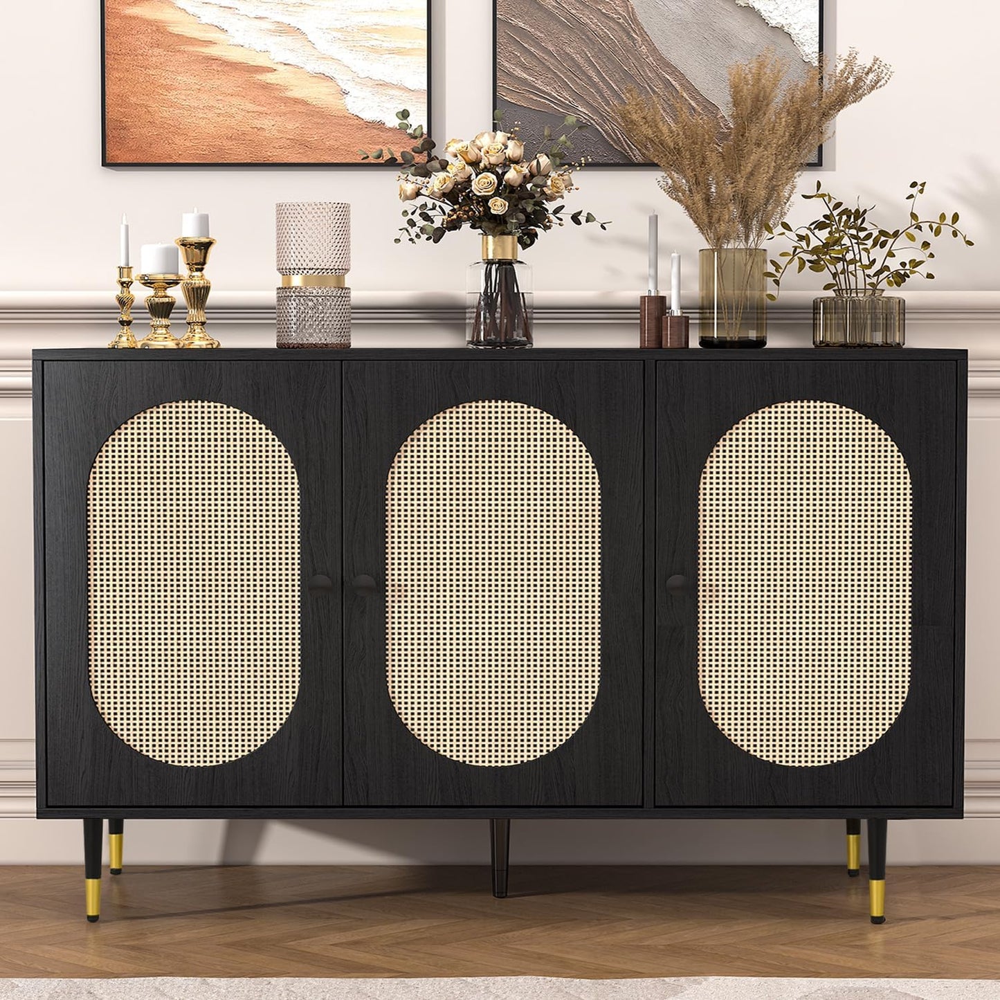 Black Rattan Buffet Cabinet, Rattan 3 Doors Buffet Cabinet with Storage, 47'' Sideboard with Adjustable Shelf for Kitchen, Living Room