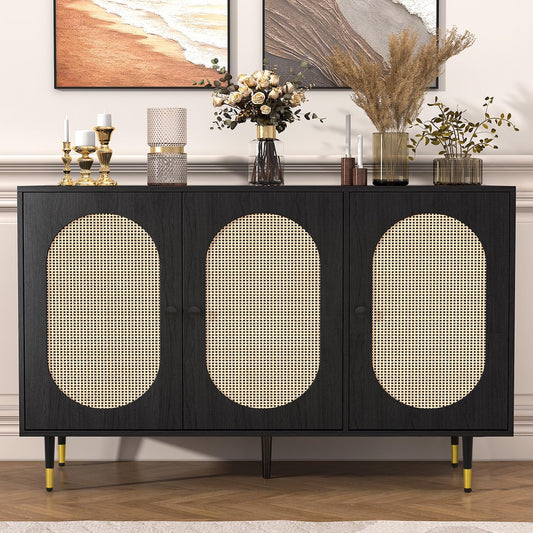 Black Rattan Buffet Cabinet, Rattan 3 Doors Buffet Cabinet with Storage, 47'' Sideboard with Adjustable Shelf for Kitchen, Living Room