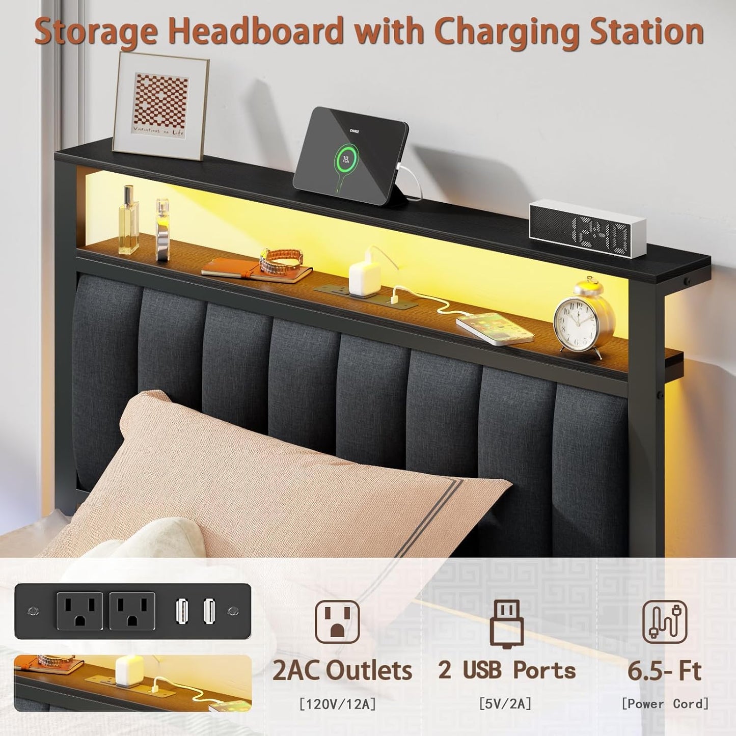 Twin Size Bed Frame with Charging Station and LED Lights, Platform Bed with Metal Slats, Grey Upholstered Headboard with 2-Tier Storage Shelves, No Box Spring Needed