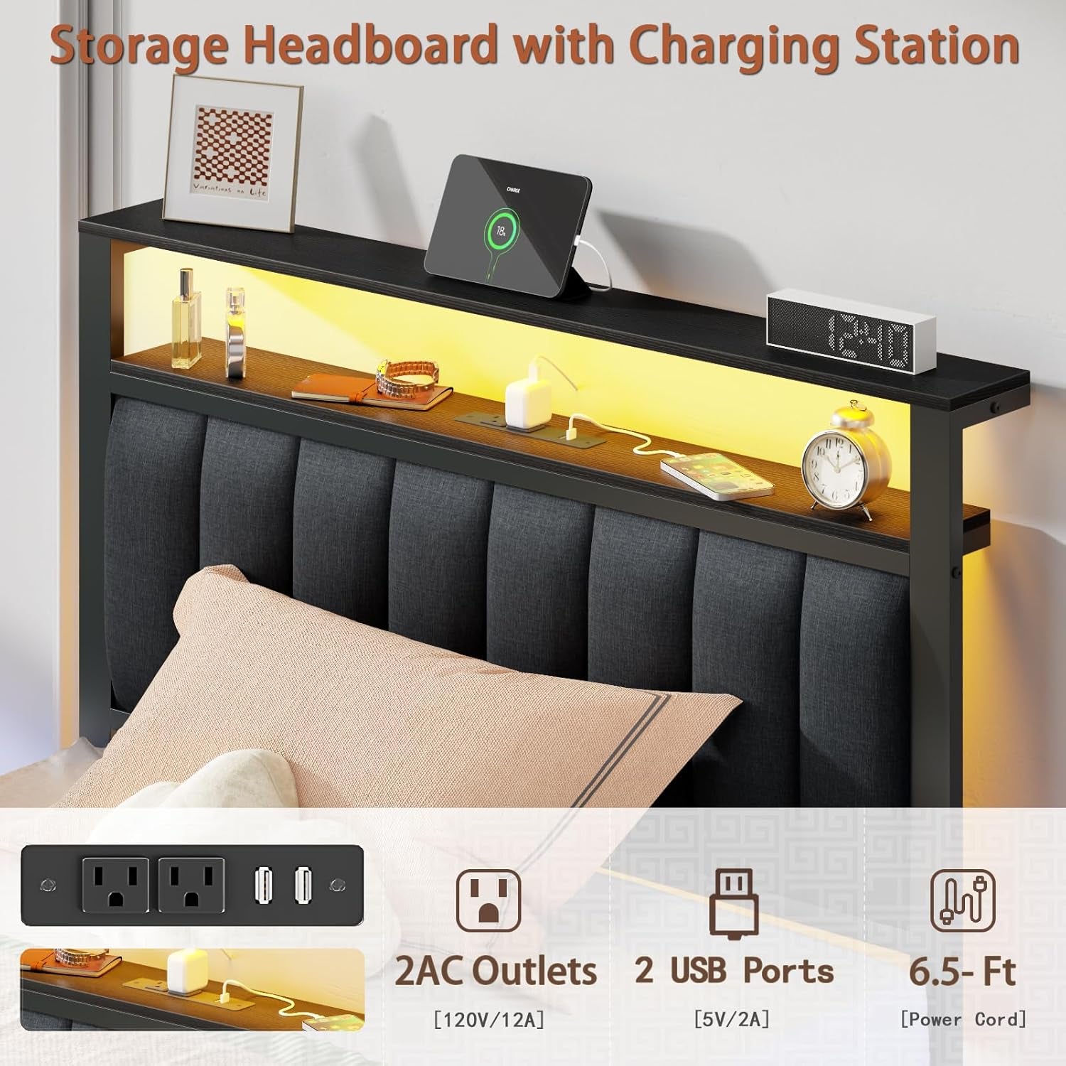 Twin Size Bed Frame with Charging Station and LED Lights, Platform Bed with Metal Slats, Grey Upholstered Headboard with 2-Tier Storage Shelves, No Box Spring Needed