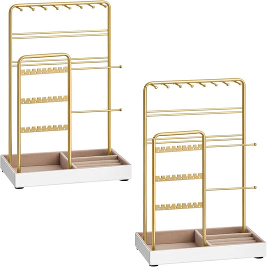 Set of 2 Jewelry Holders, Jewelry Organizers Display Stands with Metal Frame, Velvet Tray, Necklace Earring Bracelet Holders, for Studs, Rings, Gift Idea, Pale Gold UJJS021A01V1-2J