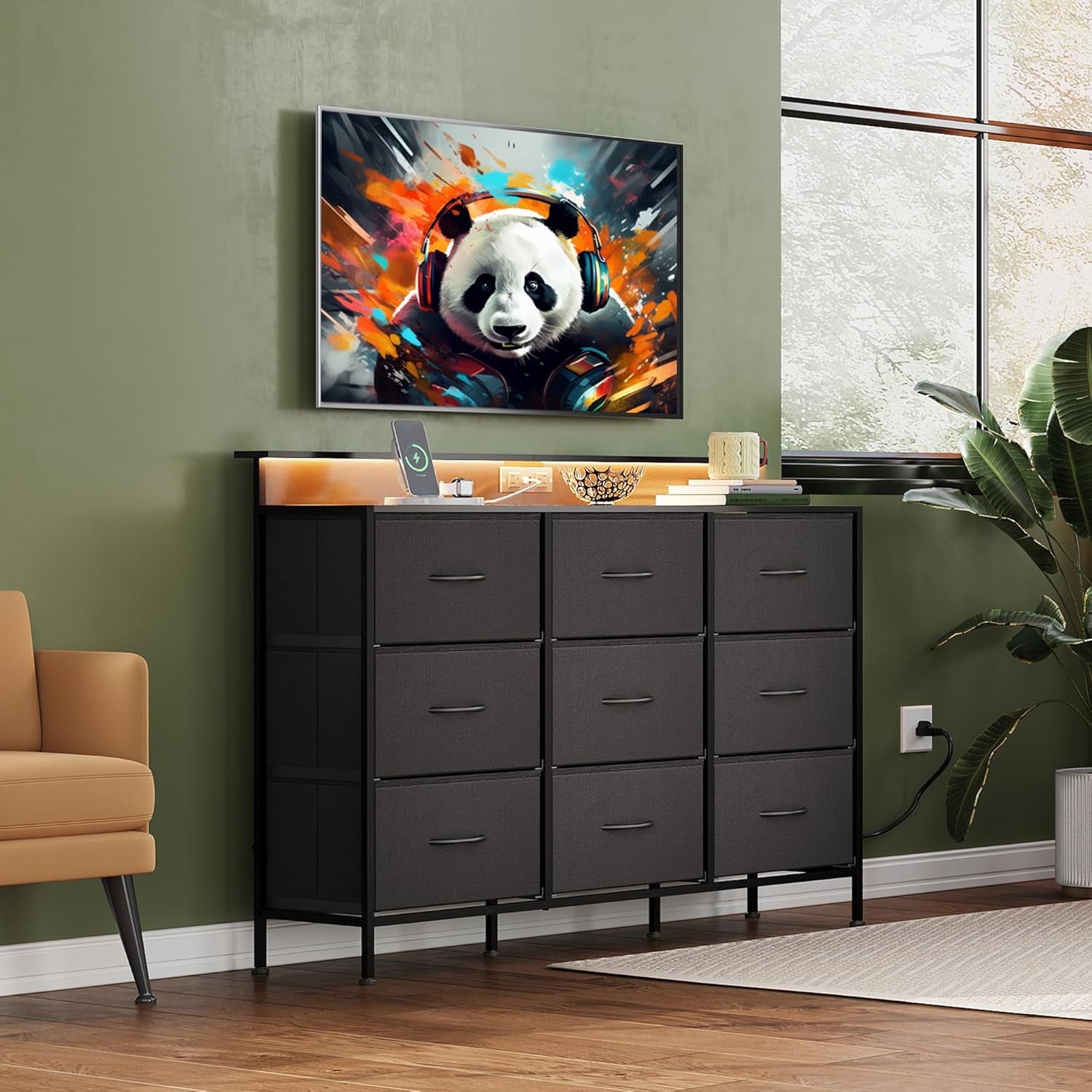 Black TV Stand for 45, 50, 55 Inch TV, Entertainment Center with LED Lights & Charging Station, TV Media Console Table with 9 Fabric Drawers and Open Shelves for Living Room, Hallway, Wood Top