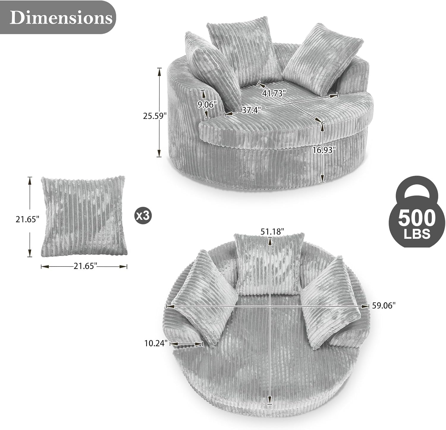 59" Oversized Chaise Lounge Chair Indoor, round Corduroy Chaise Lounge Sofa Bed with Throw Pillows and Backrest, Plush Sleeper Chair Bed for Living Room Bedroom,No Assembly Required