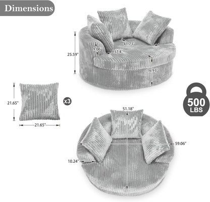 59" Oversized Chaise Lounge Chair Indoor, round Corduroy Chaise Lounge Sofa Bed with Throw Pillows and Backrest, Plush Sleeper Chair Bed for Living Room Bedroom,No Assembly Required