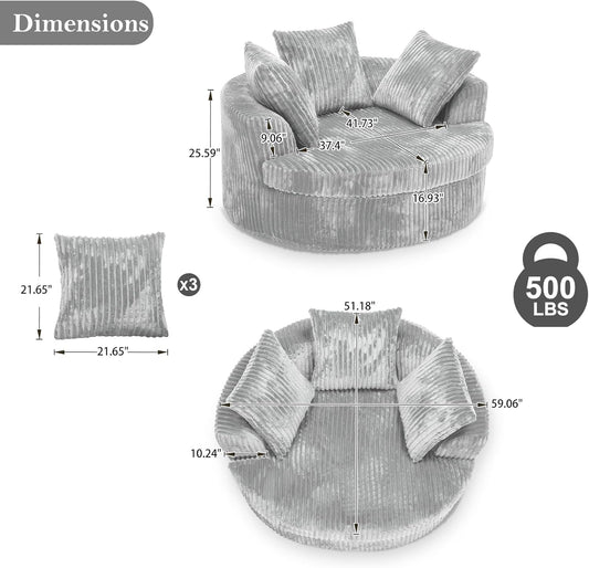 59" Oversized Chaise Lounge Chair Indoor, round Corduroy Chaise Lounge Sofa Bed with Throw Pillows and Backrest, Plush Sleeper Chair Bed for Living Room Bedroom,No Assembly Required