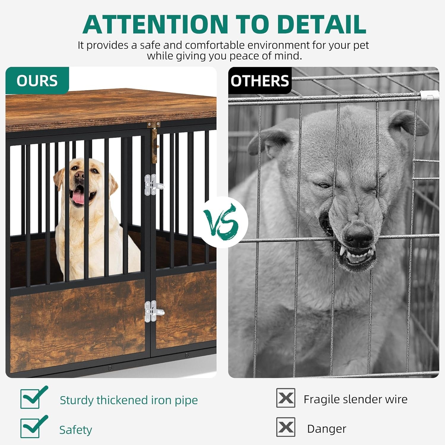 43" Dog Crate Furniture with Wheels, Wooden Side End Table, Double-Doors Dog Kennel Indoor for Small/Medium/Large Dogs, Escape Proof Dog House Dog Cage, Rustic Brown