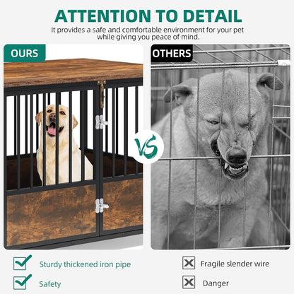 43" Dog Crate Furniture with Wheels, Wooden Side End Table, Double-Doors Dog Kennel Indoor for Small/Medium/Large Dogs, Escape Proof Dog House Dog Cage, Rustic Brown