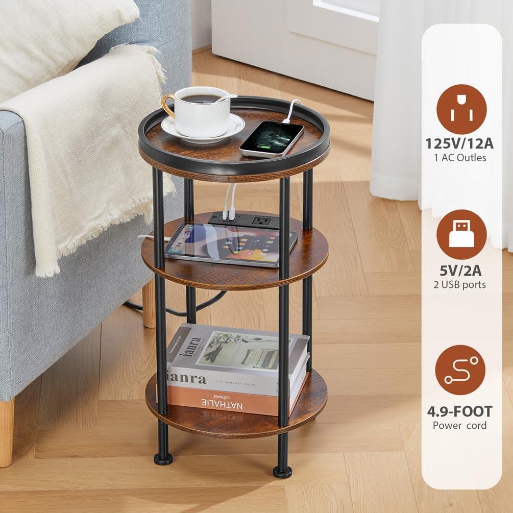 Small round Side Table with Charging Station for Small Spaces, 3-Tier round Accent Table with USB Ports & Power Outlets, Corner Table Sofa End Table for Living Room Bedroom (USB Charger, Rustic Brown)