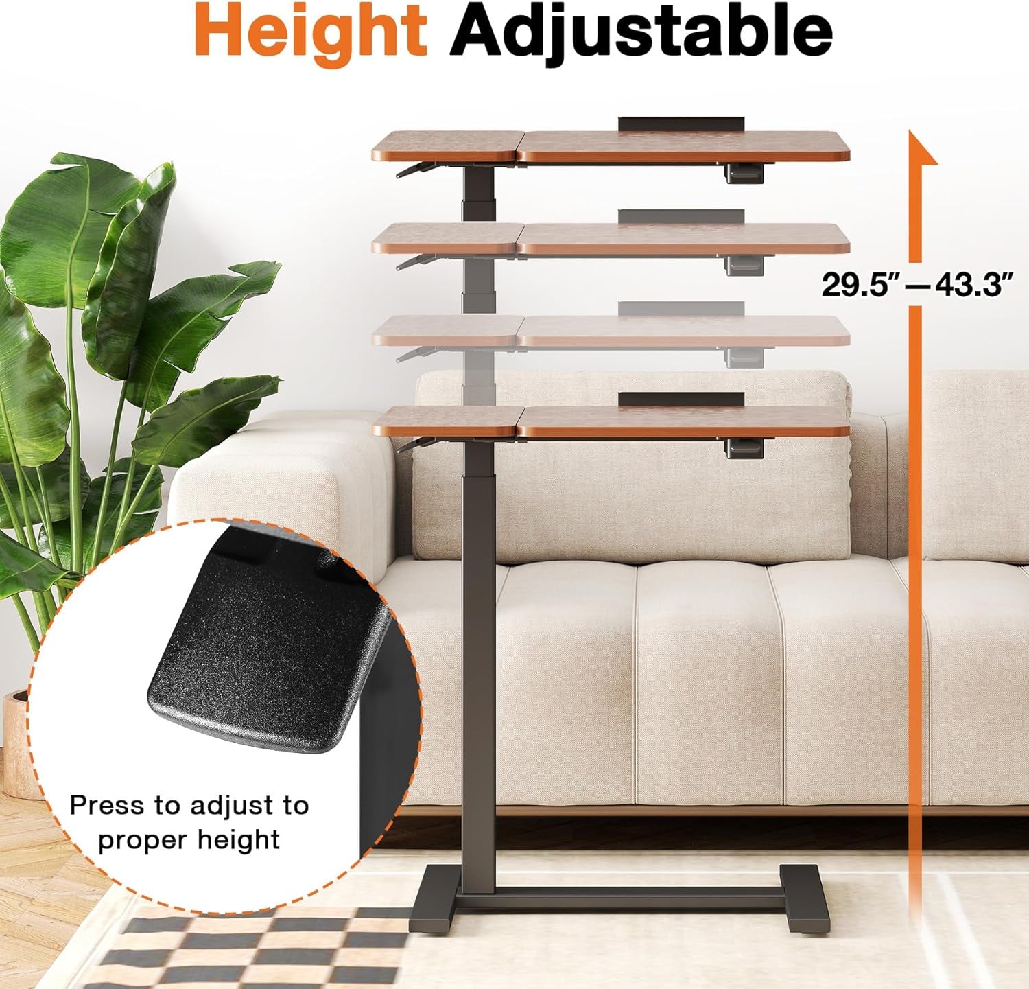 Small Standing Desk Rolling Table Adjustable Height, Laptop Mobile Stand with Wheels, Portable Computer Workstation with Tiltable Desktop for Teacher Classroom Home Office, Brown