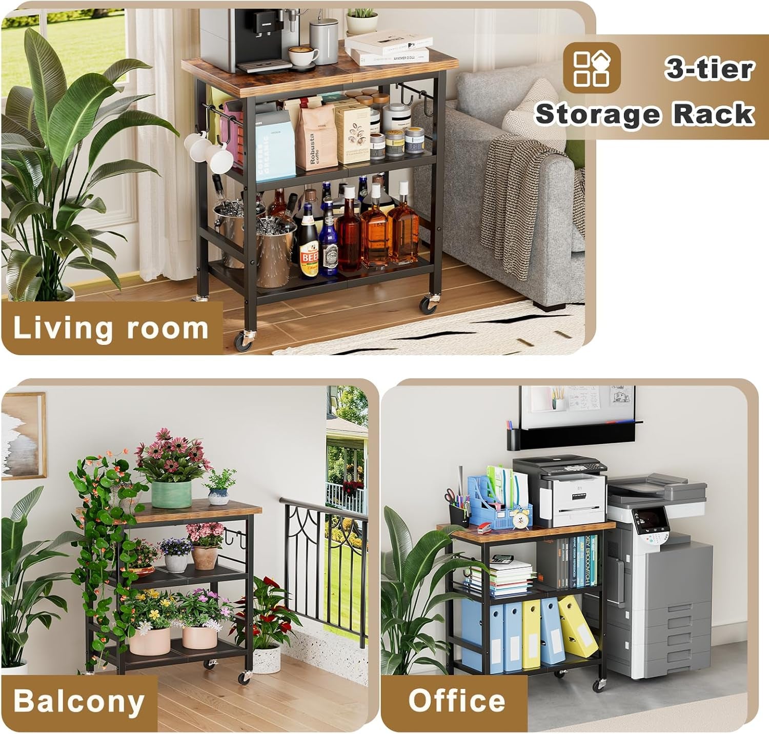 Rolling Kitchen Microwave Cart, 3 Tier Microwave Stand with Wheels, Bathroom Organizers and Storage Shelf, Coffee Bar Table Station, Utility Side Table for Kitchen, Living Room Office, Brown