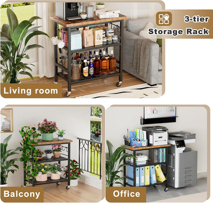 Rolling Kitchen Microwave Cart, 3 Tier Microwave Stand with Wheels, Bathroom Organizers and Storage Shelf, Coffee Bar Table Station, Utility Side Table for Kitchen, Living Room Office, Brown