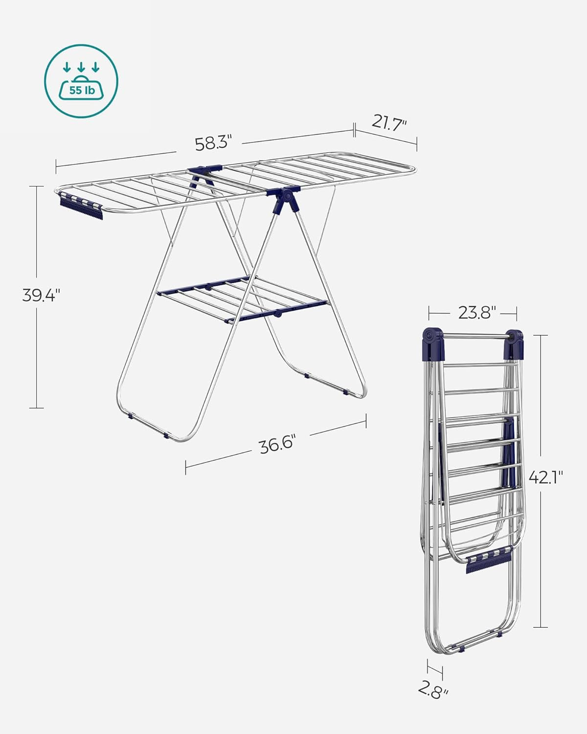 Clothes Drying Rack, with Sock Clips, Metal Laundry Rack, Foldable, Space-Saving, Free-Standing Airer, with 2 Height-Adjustable Gullwings, Indoor Outdoor Use, Silver and Blue ULLR52BU