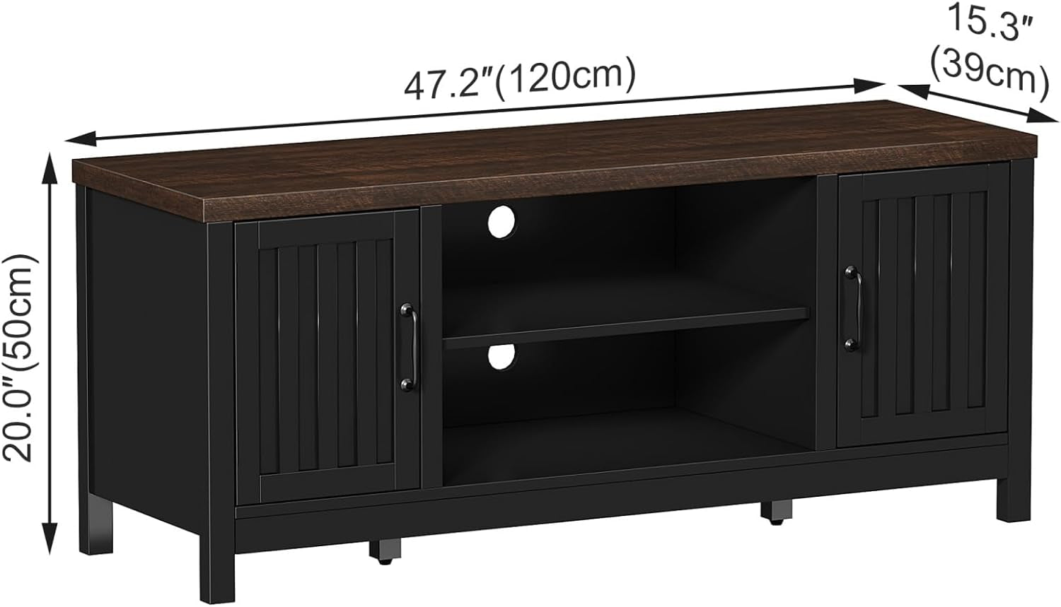 Farmhouse TV Stand for Televisions up to 55 Inches, Entertainment Center Console Table Media Furniture with Storage Cabinets and Open Shelves, Fluted Door, for Living Room Bedroom, Black