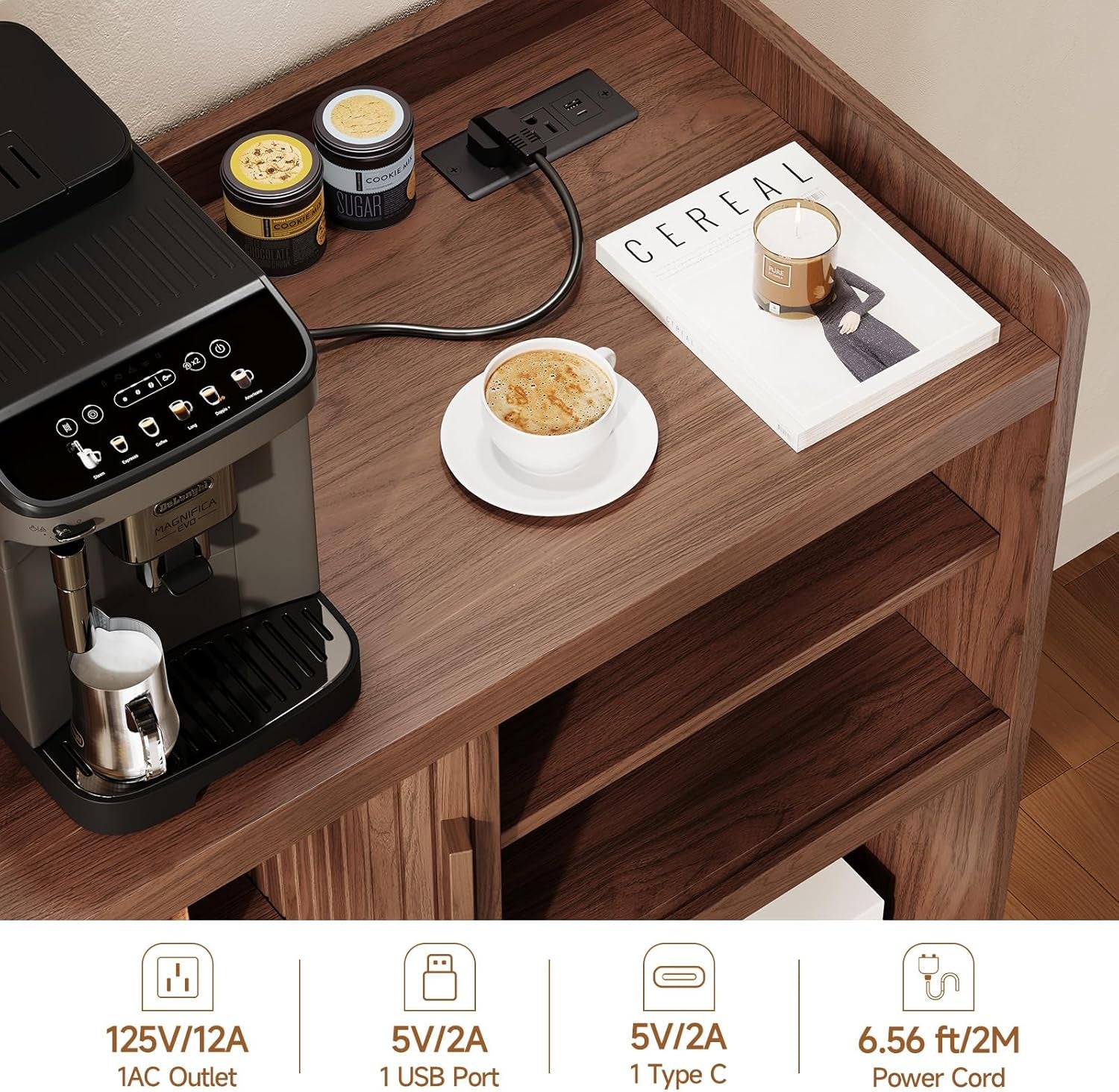 44" Sideboard Buffet Cabinet with Outlet & 2 Open Storage Spaces, Fluted Sideboard Cabinet with Sliding Door & Adjustable Shelves, Mid-Century Accent Coffee Bar Console Table with Wooden Feet