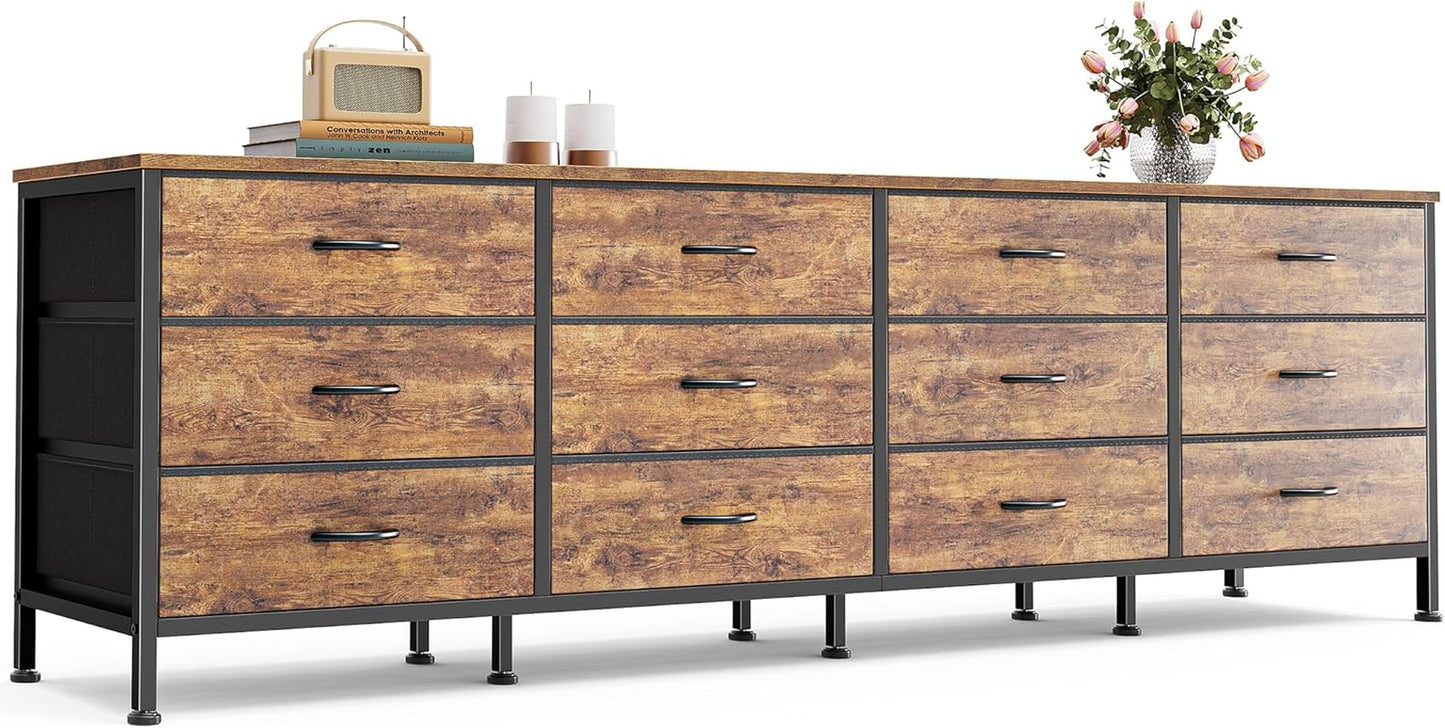 70 Inch Dresser for Bedroom, TV Stand for 65, 75, 80 Inch TV, 12 Fabric Drawer Long Dresser, Large Entertainment Center for Bedroom, Wide Chest of Drawer with Storage, Rustic Brown
