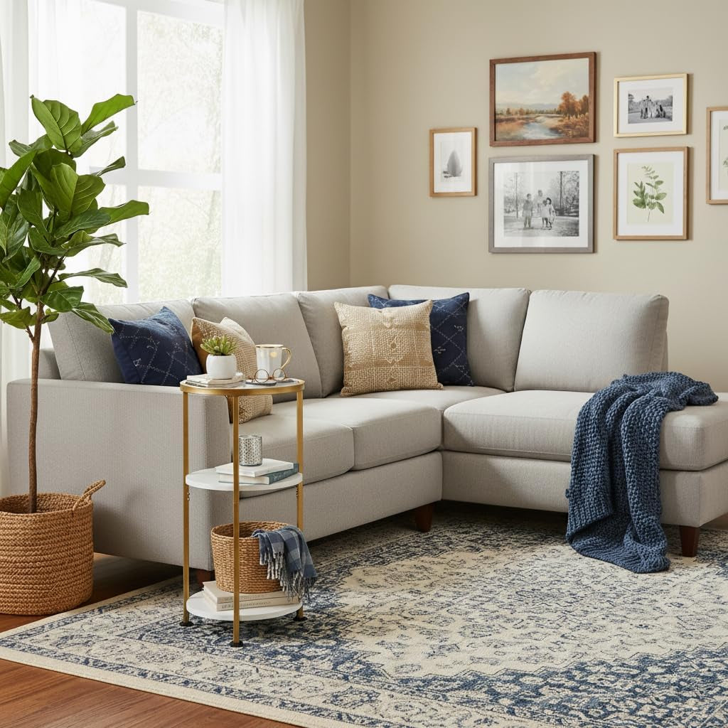 Glass Side Table, Tempered Glass Small round Side Table with 3-Tier Storage Shelves for Small Spaces, Modern Glass round End Table for Living Room, Bedside Nightstand for Bedroom (White+Gold)