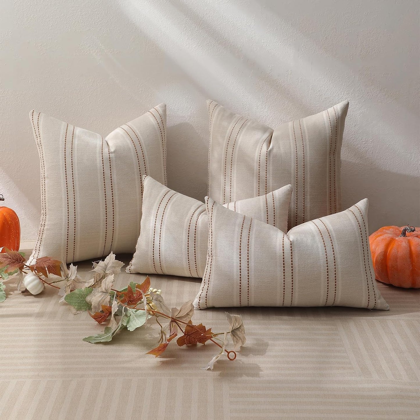 Rust Throw Pillow Covers 20X20 Set of 2 Striped Fall Pillow Covers Textured Linen Decorative Pillows Square Cushion Covers for Sofa Couch Bed Living Room Farmhouse Decor