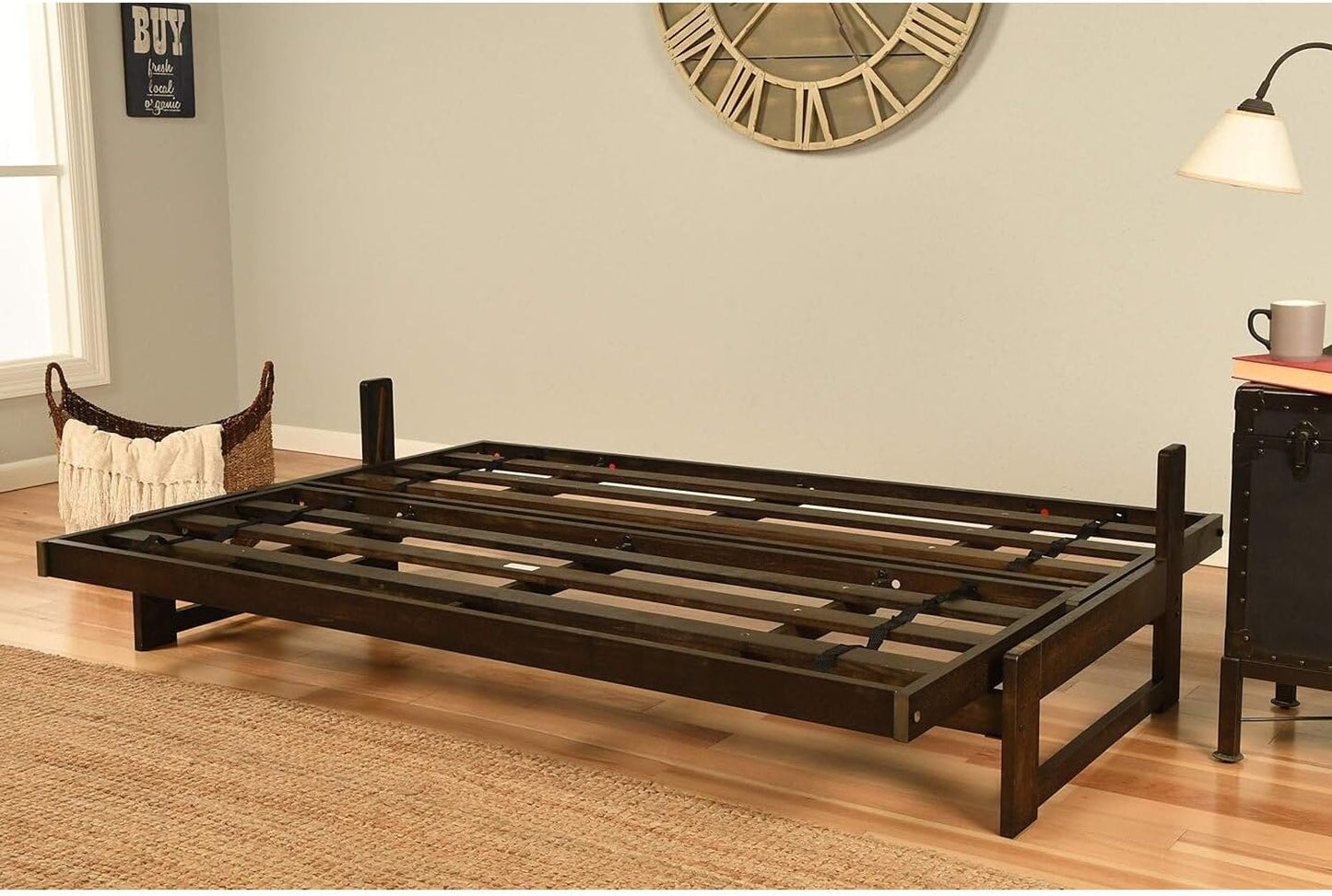 Full Size Futon Frame Set - Convertible Sofa Bed - Hardwood Mocha Finish Suede Gray