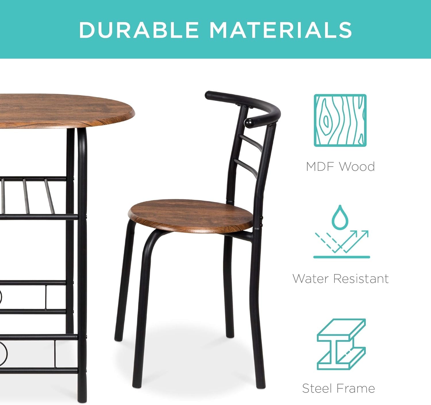 3-Piece Wooden round Table & Chair Set for Kitchen, Dining Room, Compact Space W/Steel Frame, Built-In Wine Rack - Black/Brown