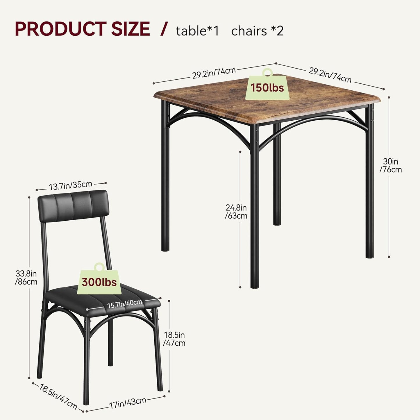 Dining Table Set for 2, Kitchen Table and Chairs for 2 with Upholstered Chairs, 3 Piece Dining Room Table Set, Square Kitchen Table Set for Small Space, Apartment, Studio, Rustic Brown
