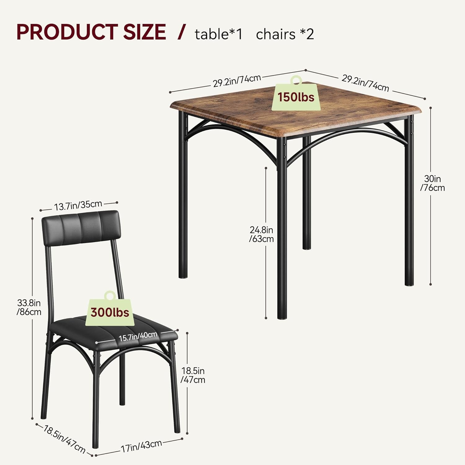 Dining Table Set for 2, Kitchen Table and Chairs for 2 with Upholstered Chairs, 3 Piece Dining Room Table Set, Square Kitchen Table Set for Small Space, Apartment, Studio, Rustic Brown