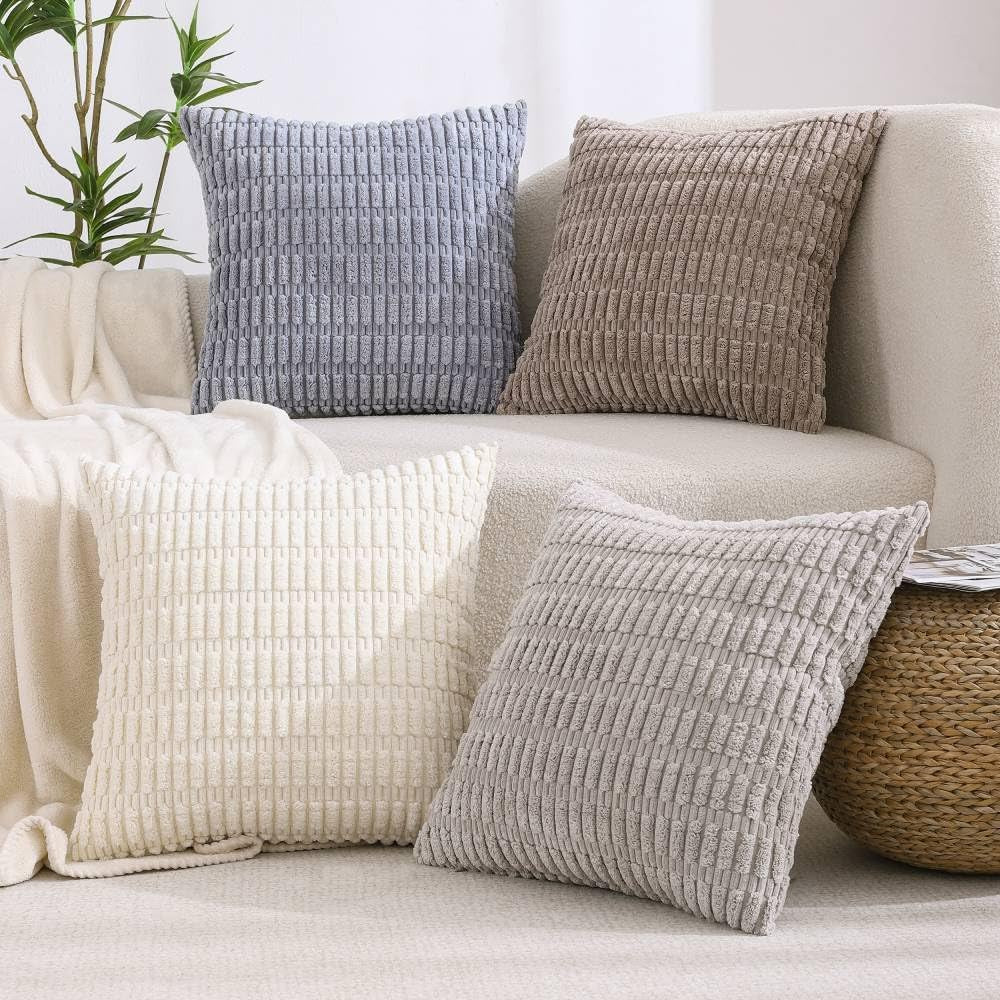 Couch Decorative Throw Pillow Covers 18X18 Set of 4 Neutral Winter Farmhouse Rustic Boho Home Decor Soft Plush Striped Corduroy Square Cushion Case for Living Room Bed SOFE