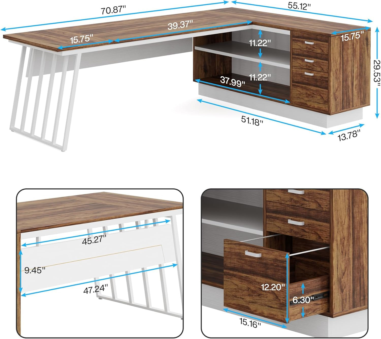 71-Inch Executive Desk, L-Shaped Desk with Cabinet, Large Office Desk with Drawers and Storage Shelves, Writing Table Computer Desk for Home Office, Brown and White