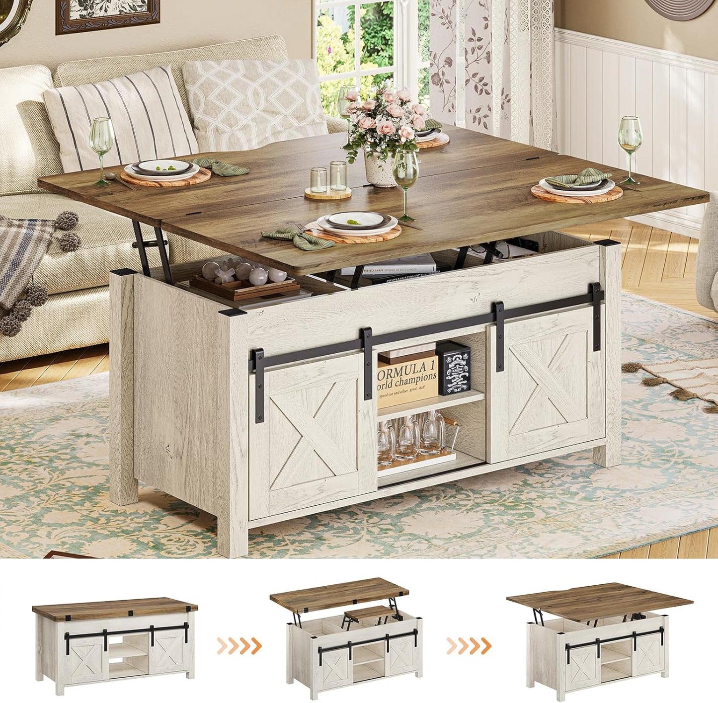 Lift Top Coffee Table, 4 in 1 Multi-Function Convertible Coffee Tables with Storage and Hidden Compartment, Farmhouse Coffee Table Converts to Dining Table for Living Room, Brown Top