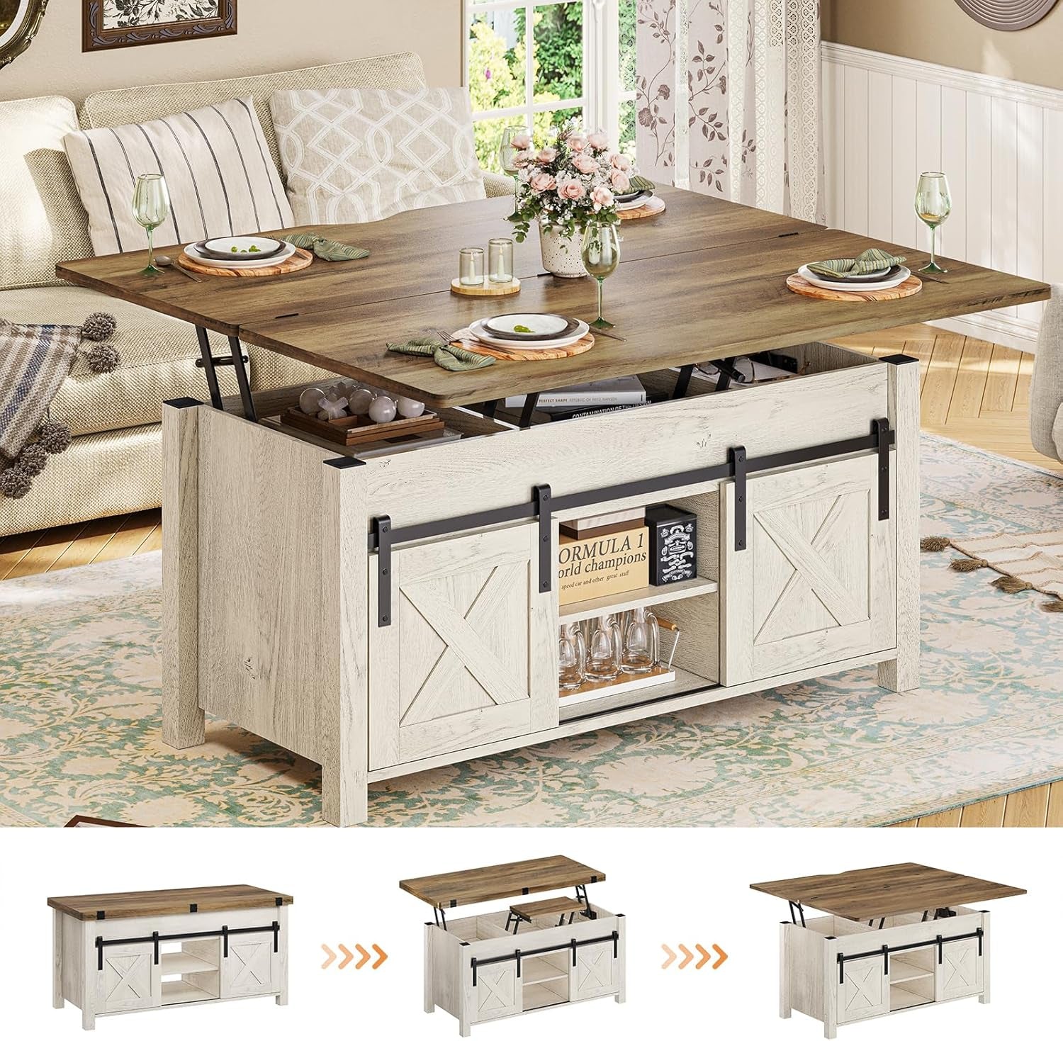 Lift Top Coffee Table, 4 in 1 Multi-Function Convertible Coffee Tables with Storage and Hidden Compartment, Farmhouse Coffee Table Converts to Dining Table for Living Room, Brown Top