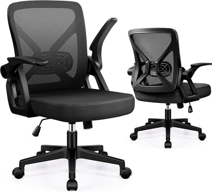 Black ergonomic mesh office chair with flip-up armrests