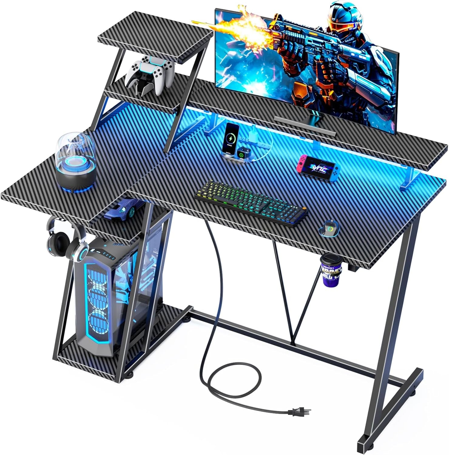39 Inch Gaming Desk with LED Lights & Power Outlet, Small Gaming Computer Desk with Storage Shelves, L Shaped Gamer Workstations with Monitor Stand for Bedroom, Carbon Fiber Black
