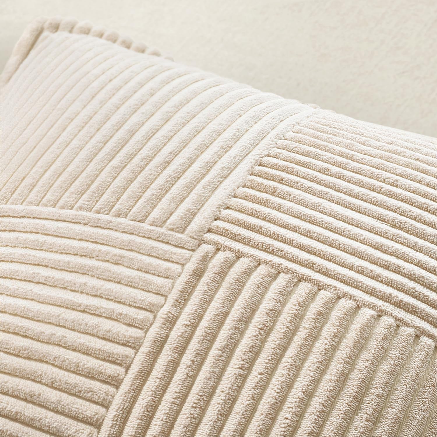 Decorative Throw Pillow Covers for Couch Bed Livingroom 18X18 Inch Set of 2 Beige Boho Accent Throw Pllows Broadside Striped Patchwork Soft Corduroy Pillowcases