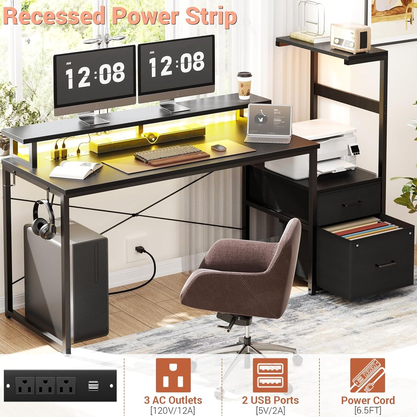 Gaming Desk with LED Strip & Power Outlet, 59Inch Reversible Computer Desk with Monitor Stand & Storage Shelves, Home Office Desks with Fabric File Drawer, PC Gamer Table, Carbon Fiber Black