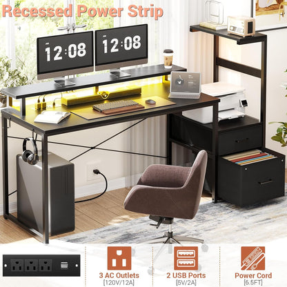Gaming Desk with LED Strip & Power Outlet, 59Inch Reversible Computer Desk with Monitor Stand & Storage Shelves, Home Office Desks with Fabric File Drawer, PC Gamer Table, Carbon Fiber Black