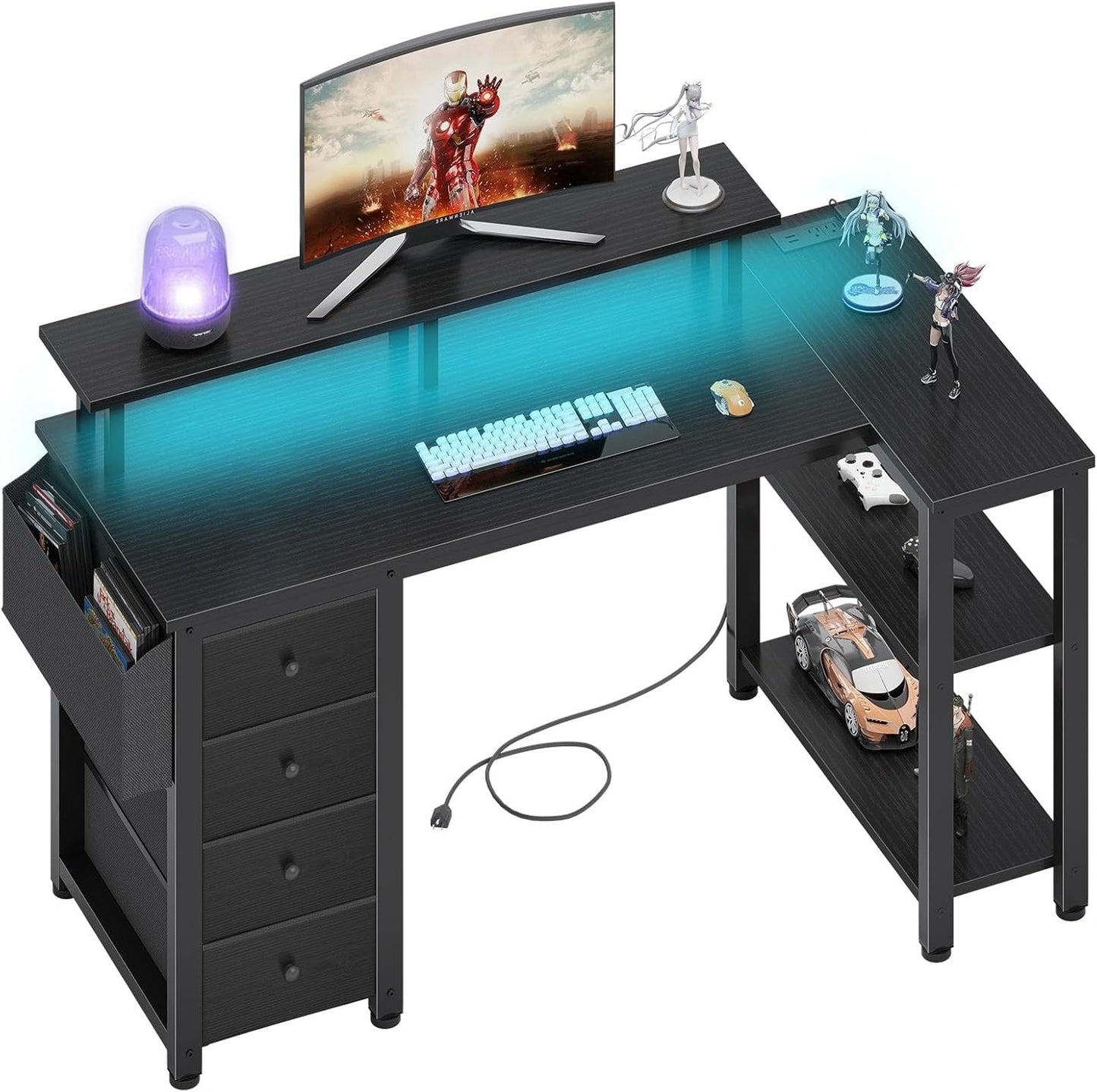 Black L Shaped Desk with Led Lights and Power Outlets, 47 Inch Writing Study Computer Gaming Desks with Fabric Drawers for Bedroom, Home Office Corner Desk with Monitor Stand Shelves, Black